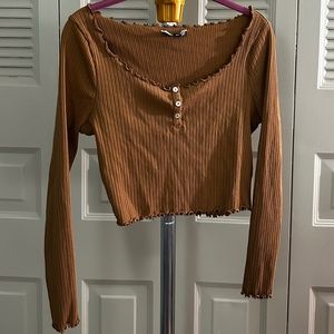 Large Miss Selfridge Tan Cropped Long Sleeve T-shirt